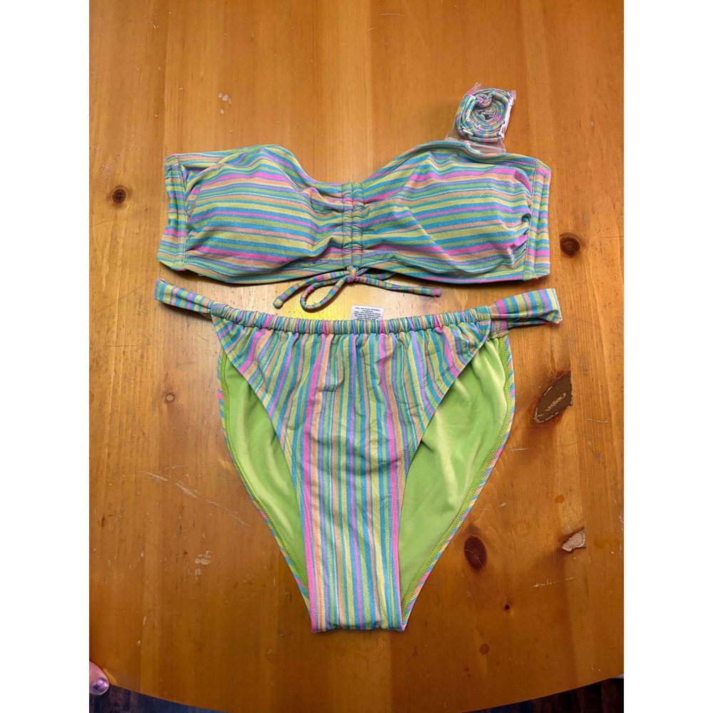 Wild Fable Striped Shimmer Bikini Set Green Pink Blue‎ XL Top L Bottoms NWT